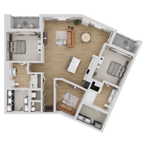 A floor plan of a house with a kitchen, living room, and two bedrooms.